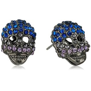 Betsey Johnson Rare Garden of Excess Blue & Pink Crystal Skull Stud Earrings